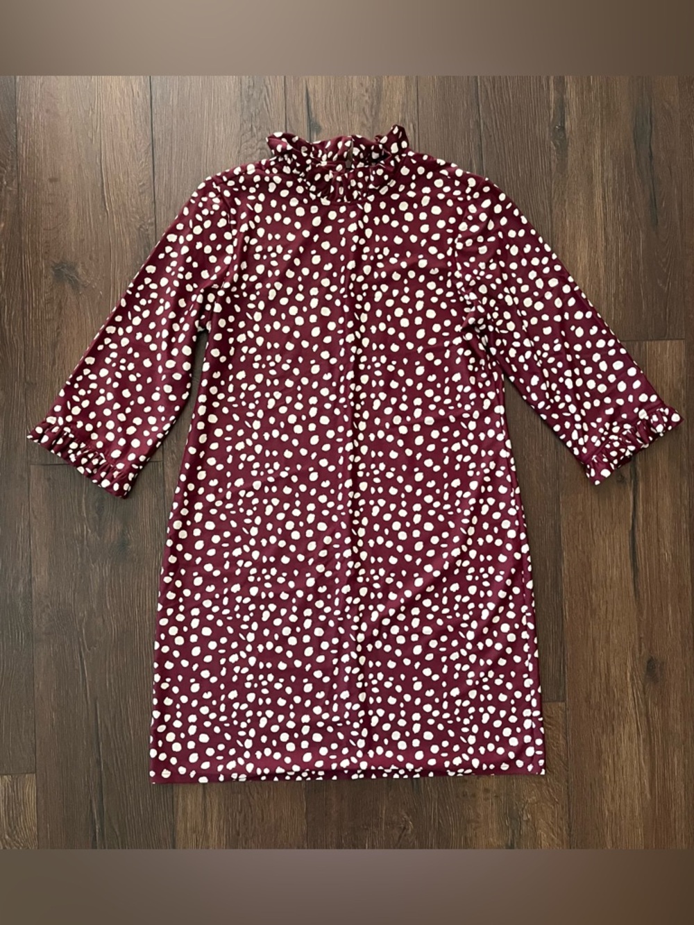 Jude Connally Burgundy Polka Dot Ruffle Neck Shift Dress